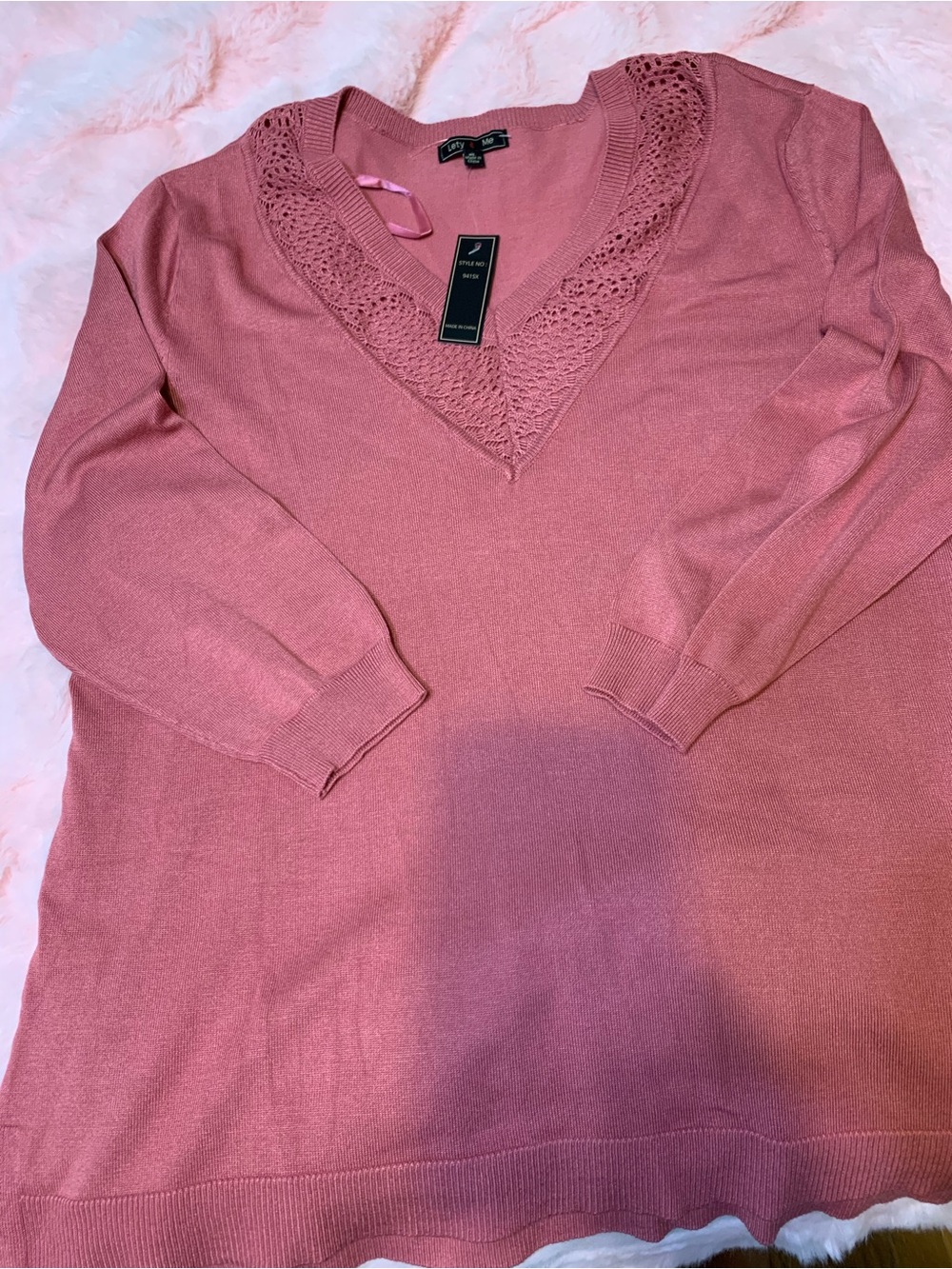 Mauve Stitch Fix Lety & Me 3/4 Sleeve Crochet Neck Pink Sweater